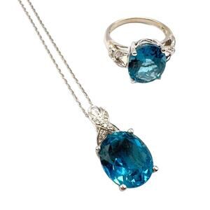 John C Rinker Blue Topaz 18K White Gold Pendant Necklace and Ring w Diamonds